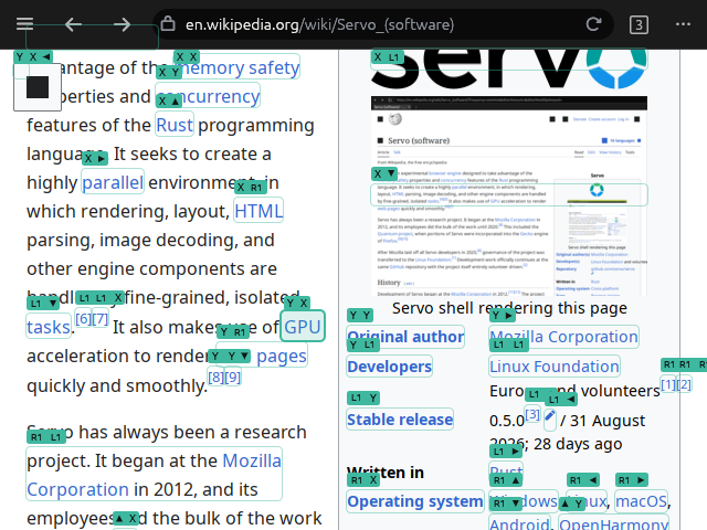 Link hints over a Wikipedia article, each labeled with gamepad buttons