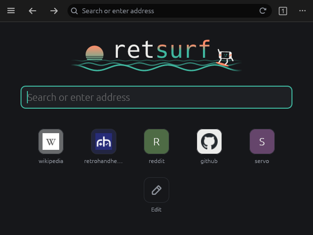 The start page with a search field and a speed dial